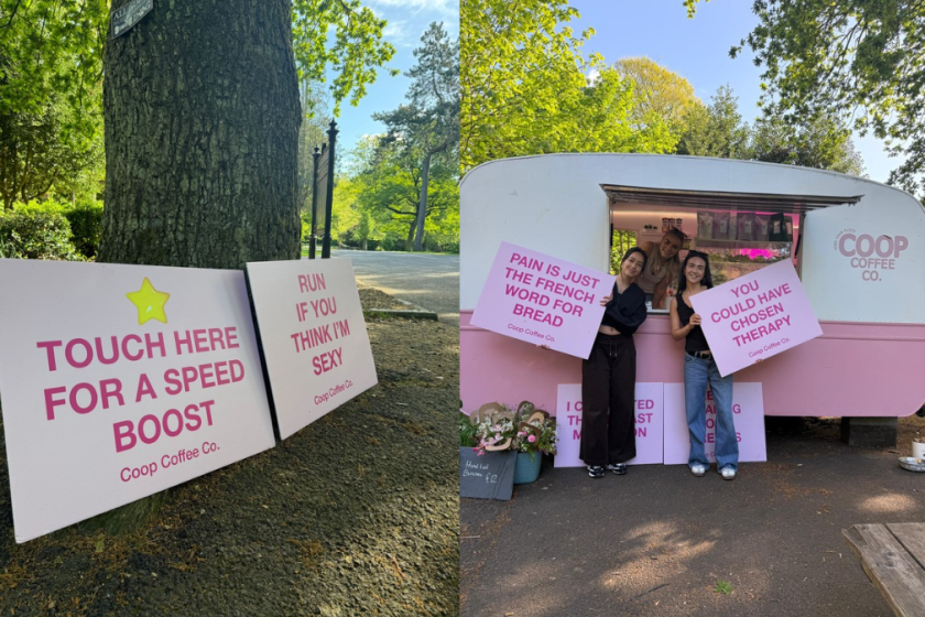 Marathon supporting signs for Coop Coffee Co